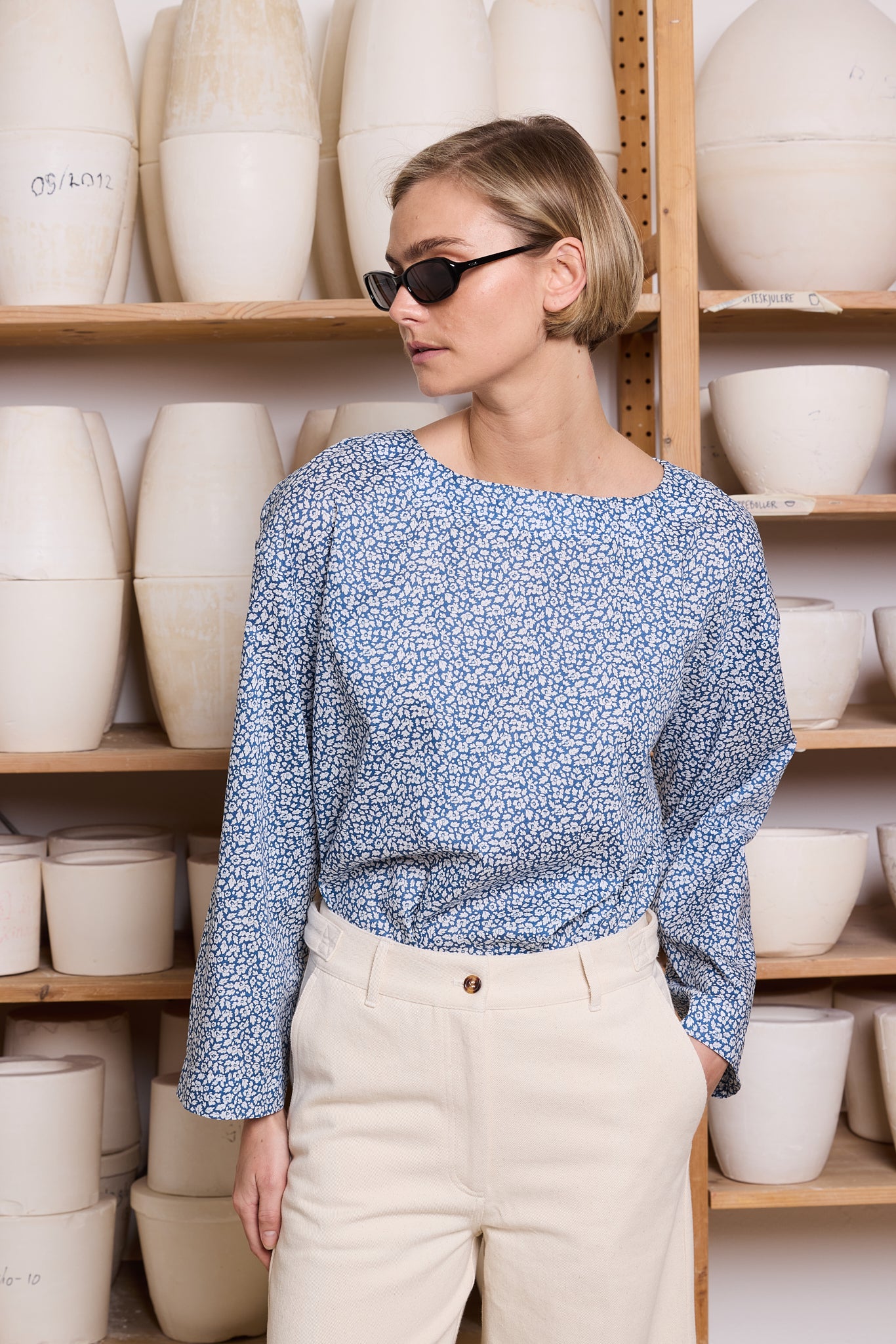 Bluse Sommer Liberty Blå Hvit Blomst