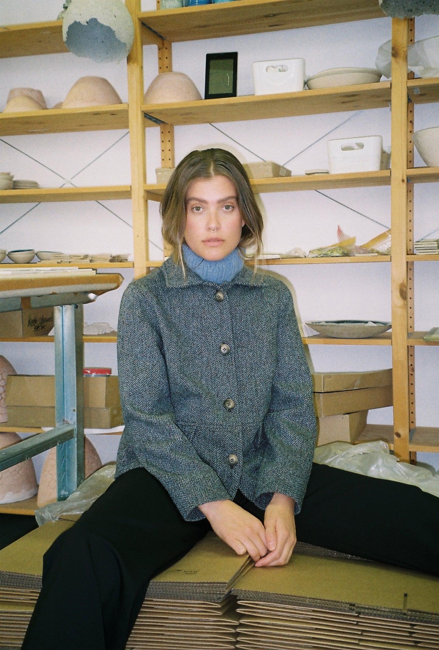 Jakke Worker Harris Tweed Blå Brun Mix