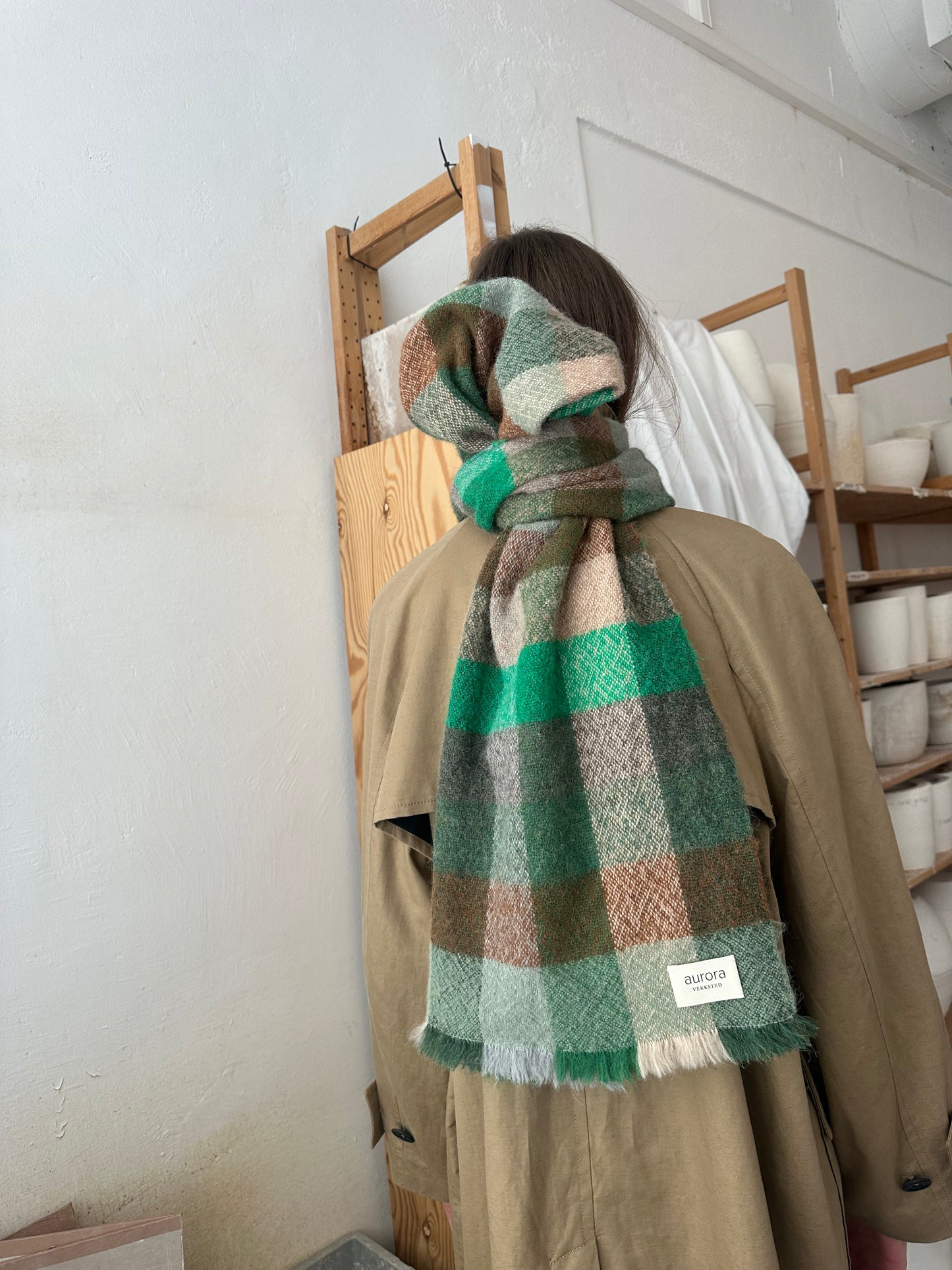 Skjerf Vev Rute Ull Grønn