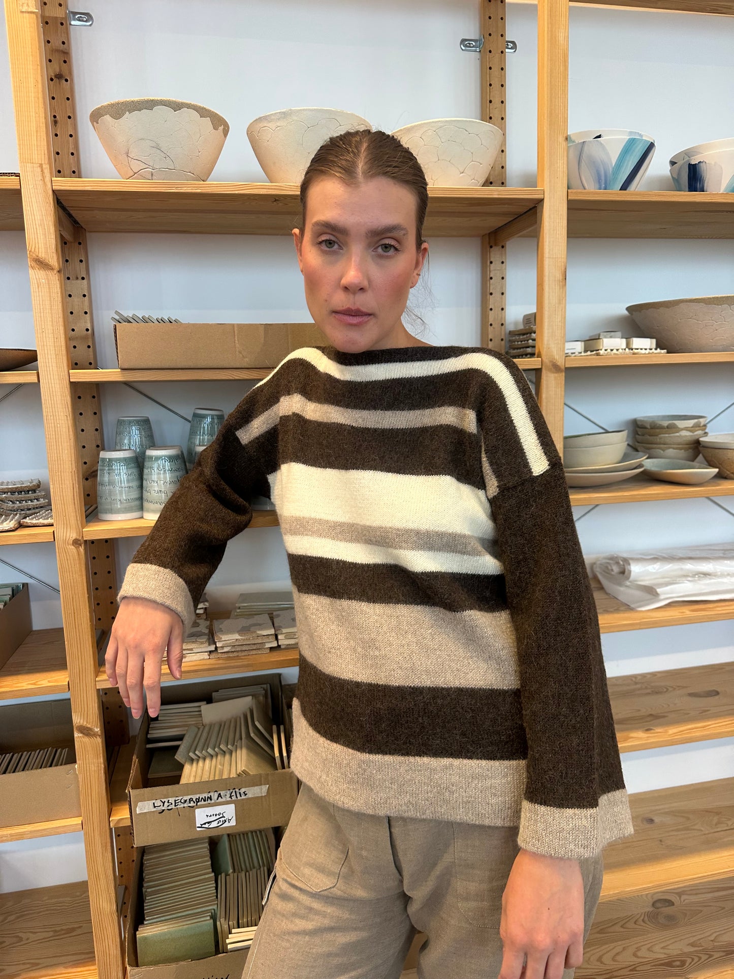Genser Multi Stripe Alpakka Brun