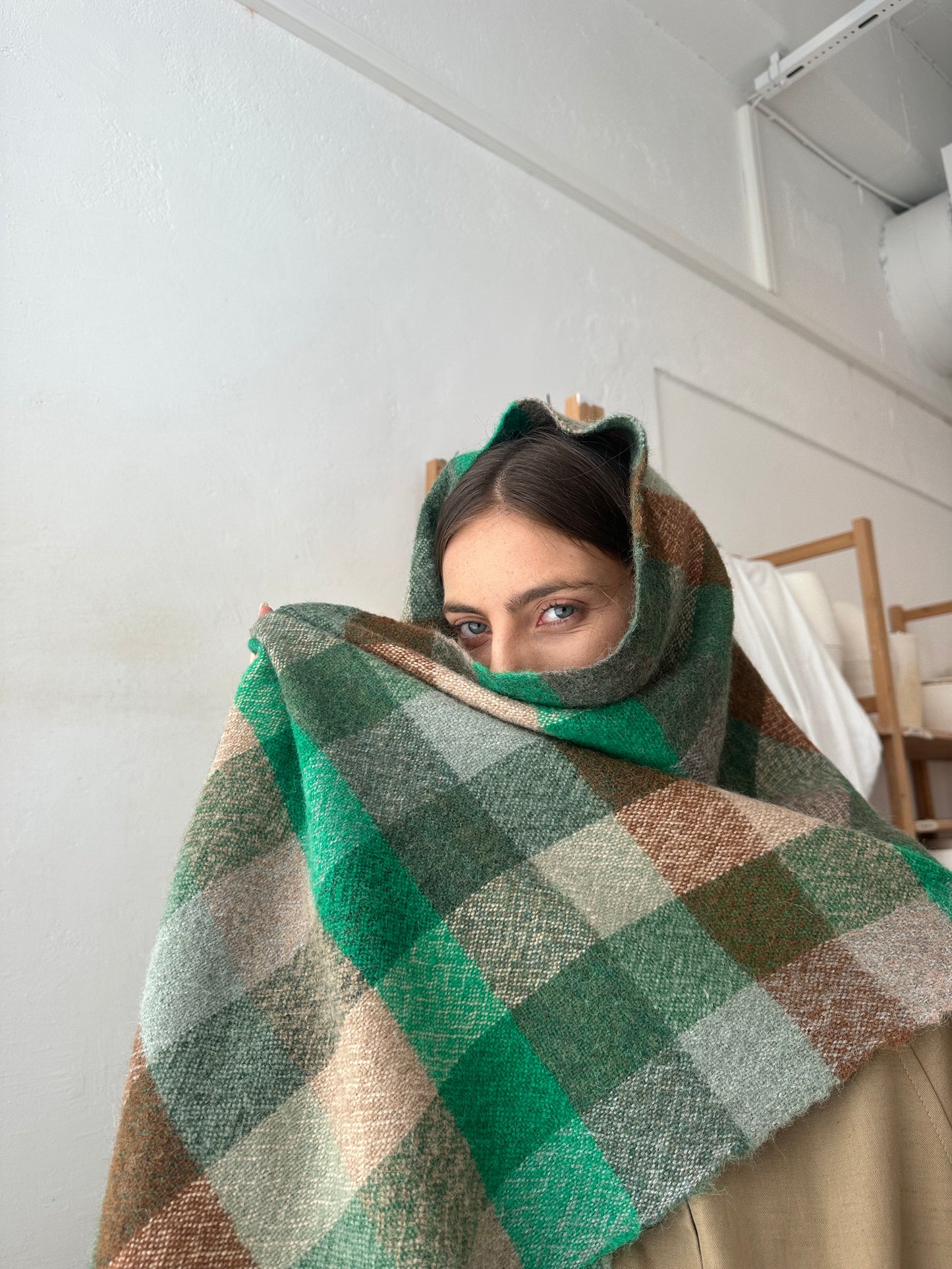 Skjerf Vev Rute Ull Grønn