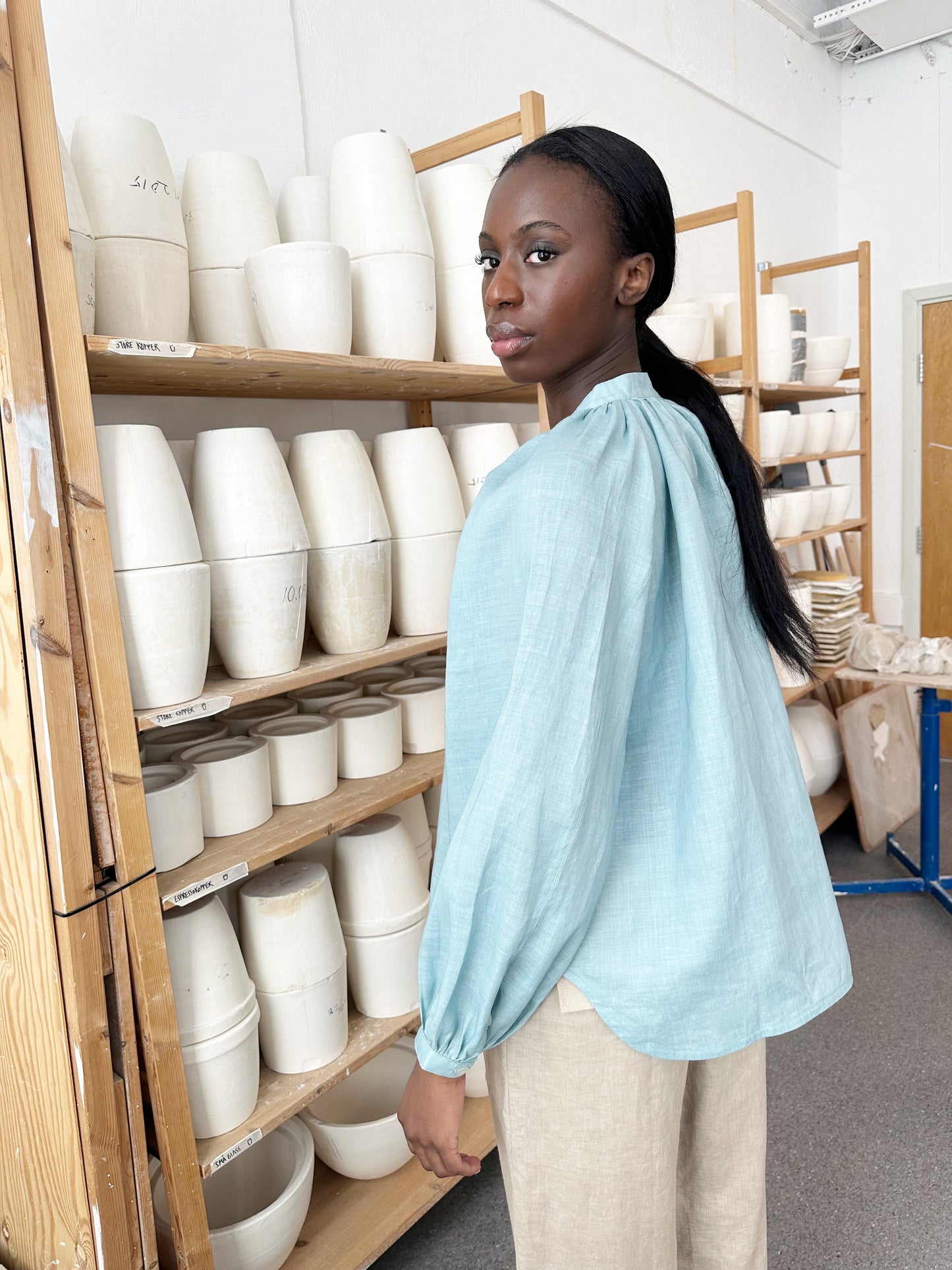 Blouse Bohem Linen Dusty Aqua Re-