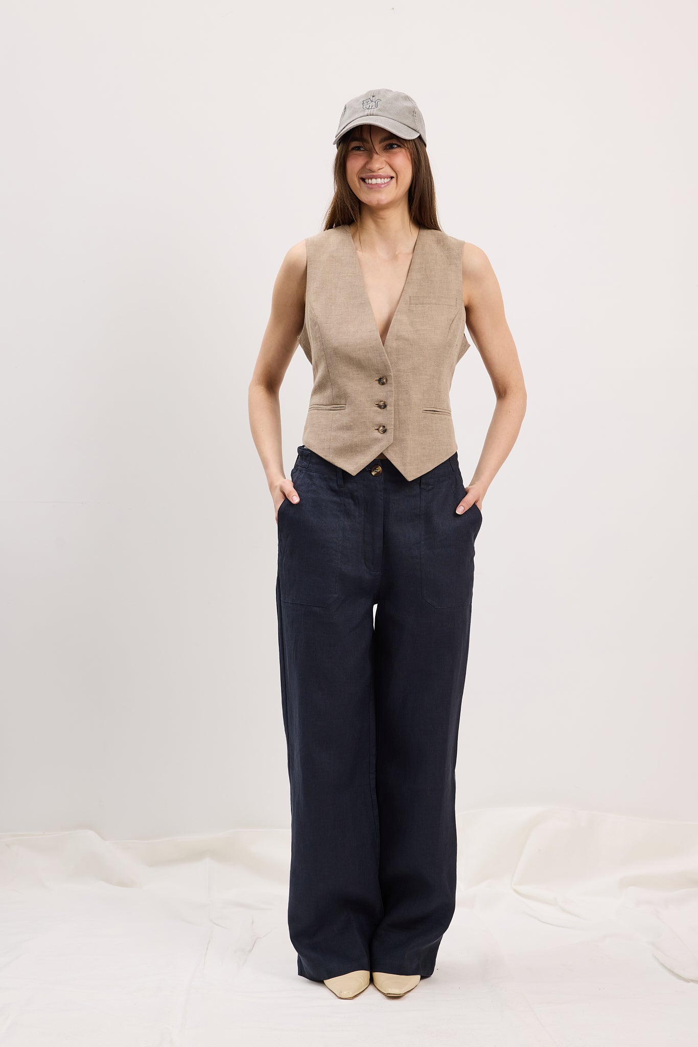 Pant Wide Linen Navy Re-