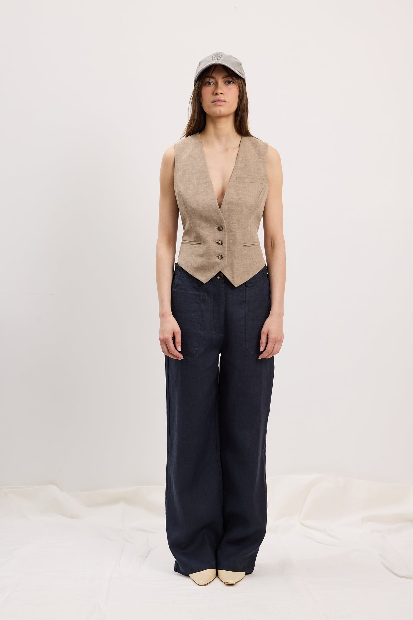 Pant Wide Linen Navy Re-