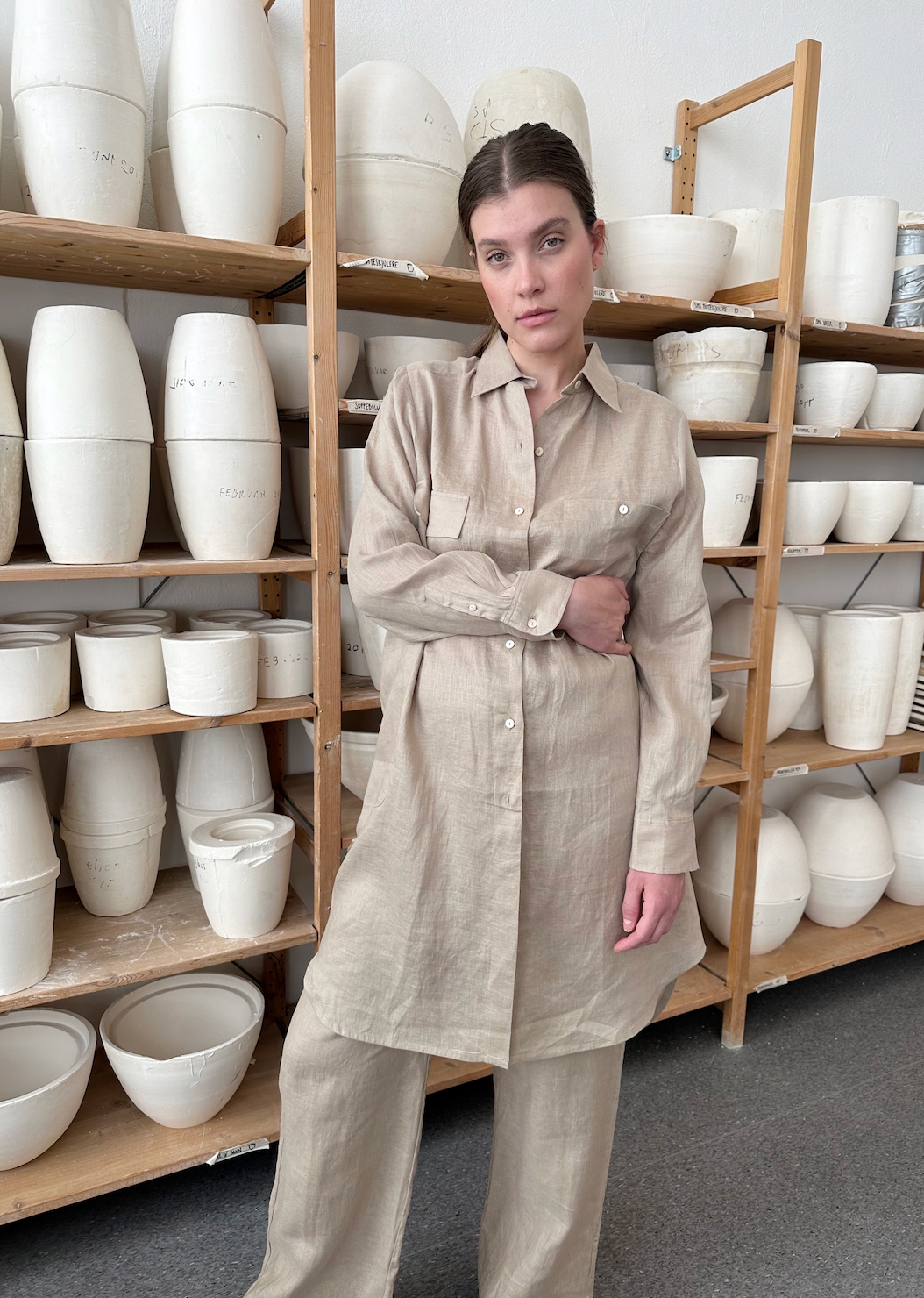 Shirt Long Linen Beige Re-