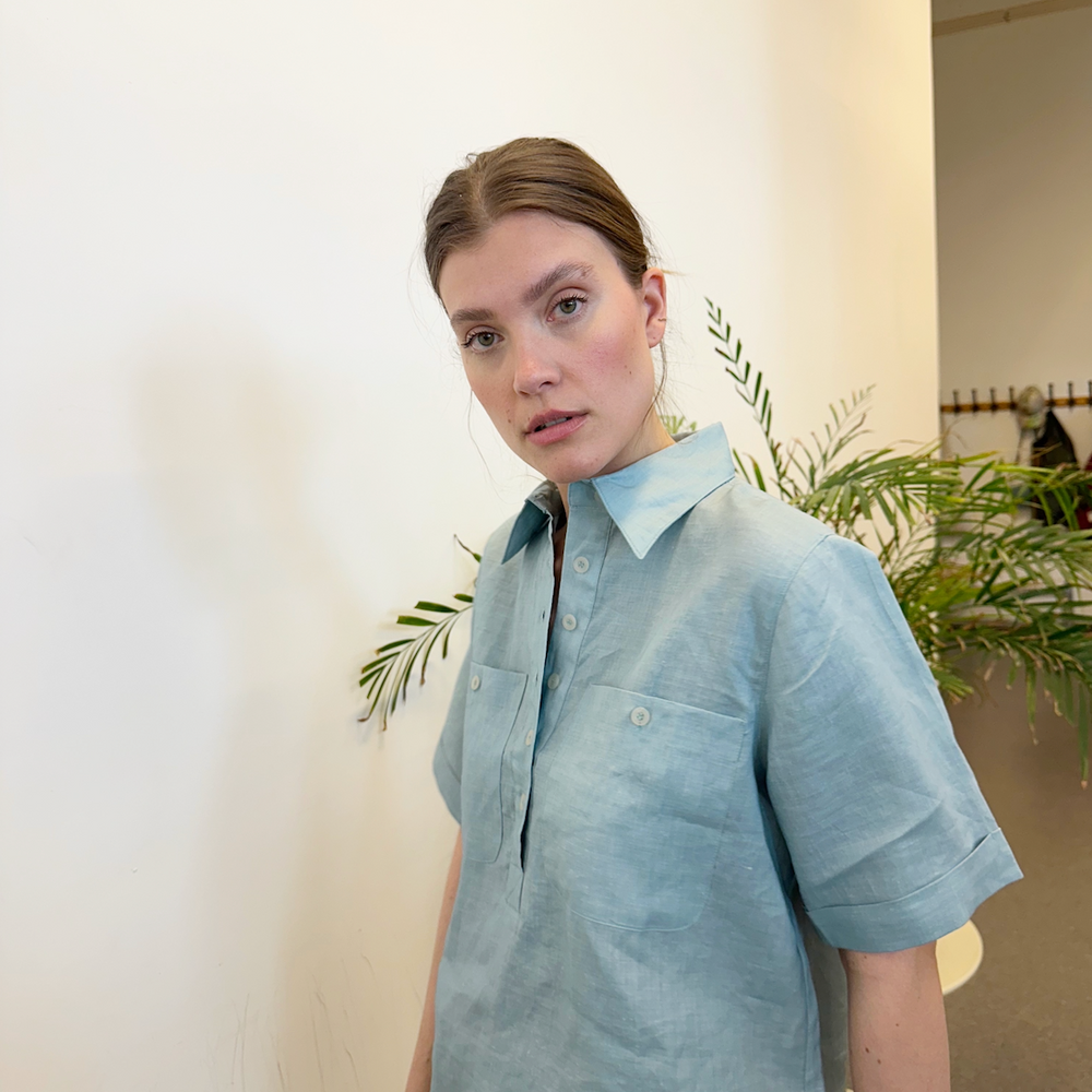 
                      
                        Shirt Short Sleeve Linen Dusty Aqua Re-
                      
                    