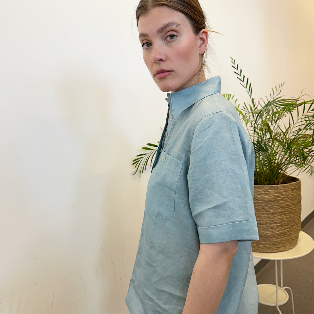 Shirt Short Sleeve Linen Dusty Aqua Re-