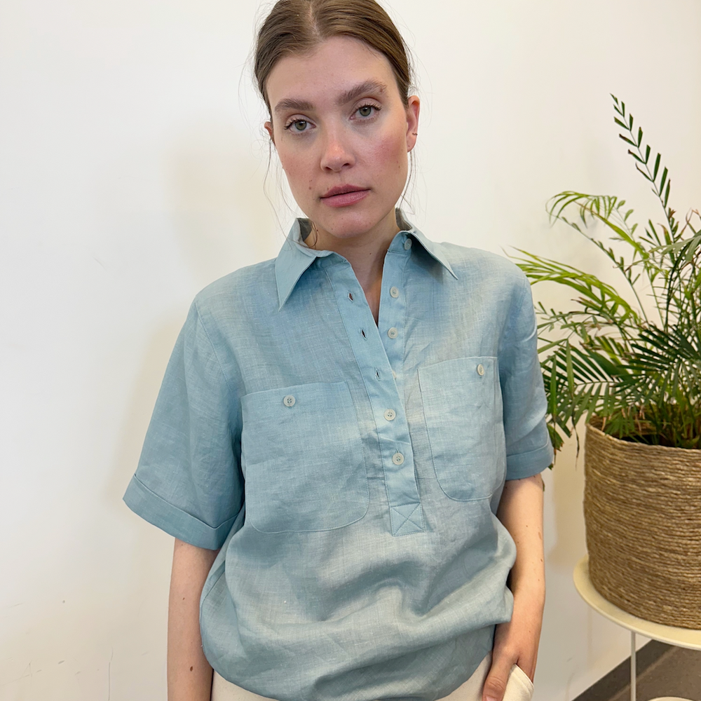 Shirt Short Sleeve Linen Dusty Aqua Re-