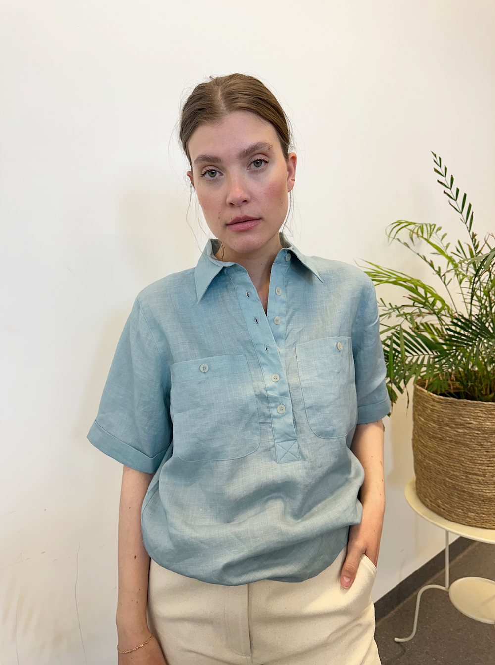 Shirt Short Sleeve Linen Dusty Aqua Re-