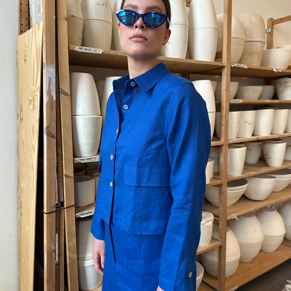 Jacket Short Linen Blue Re-